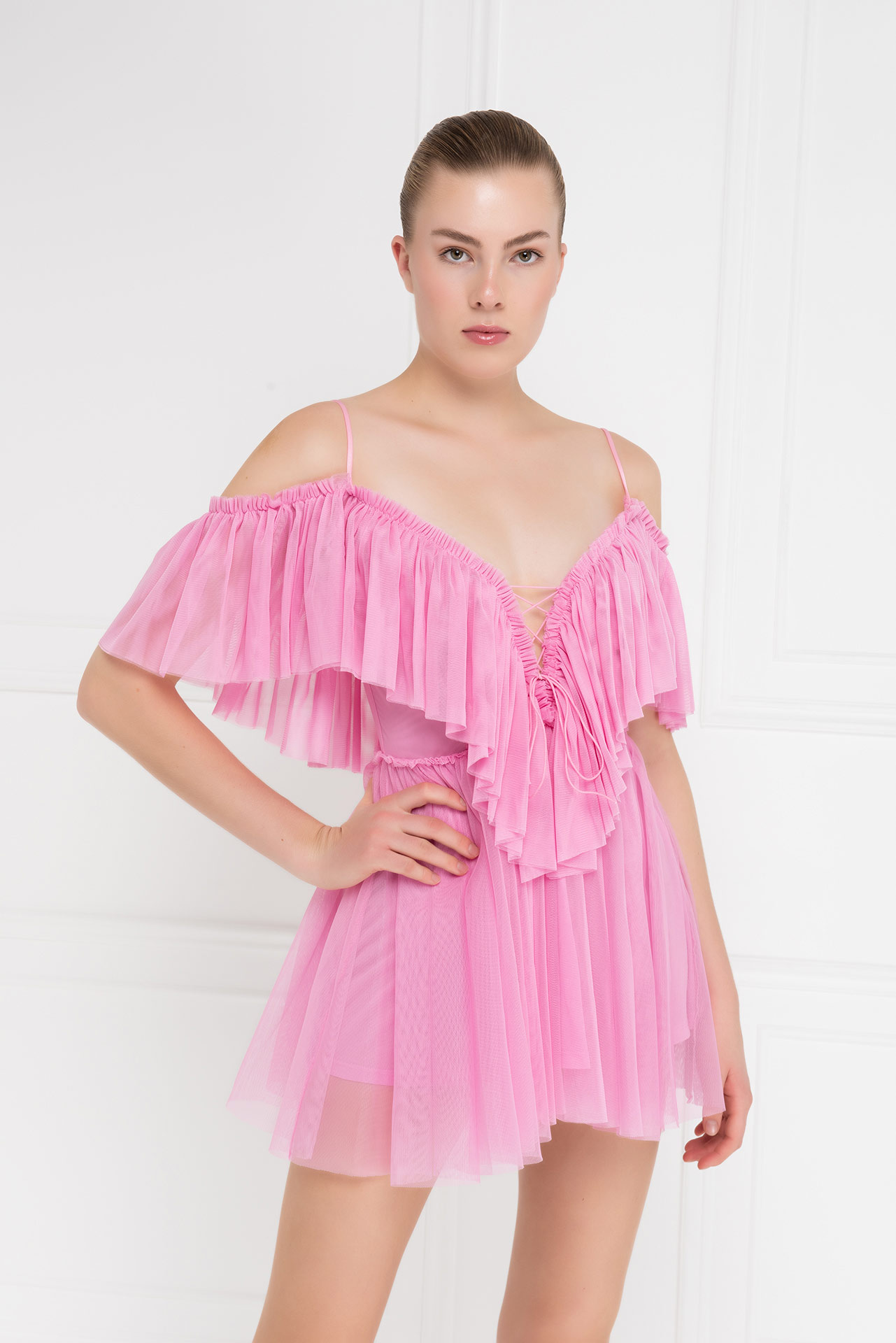 Wholesale New Pink Off-the-Shoulder Cami Tulle Dress