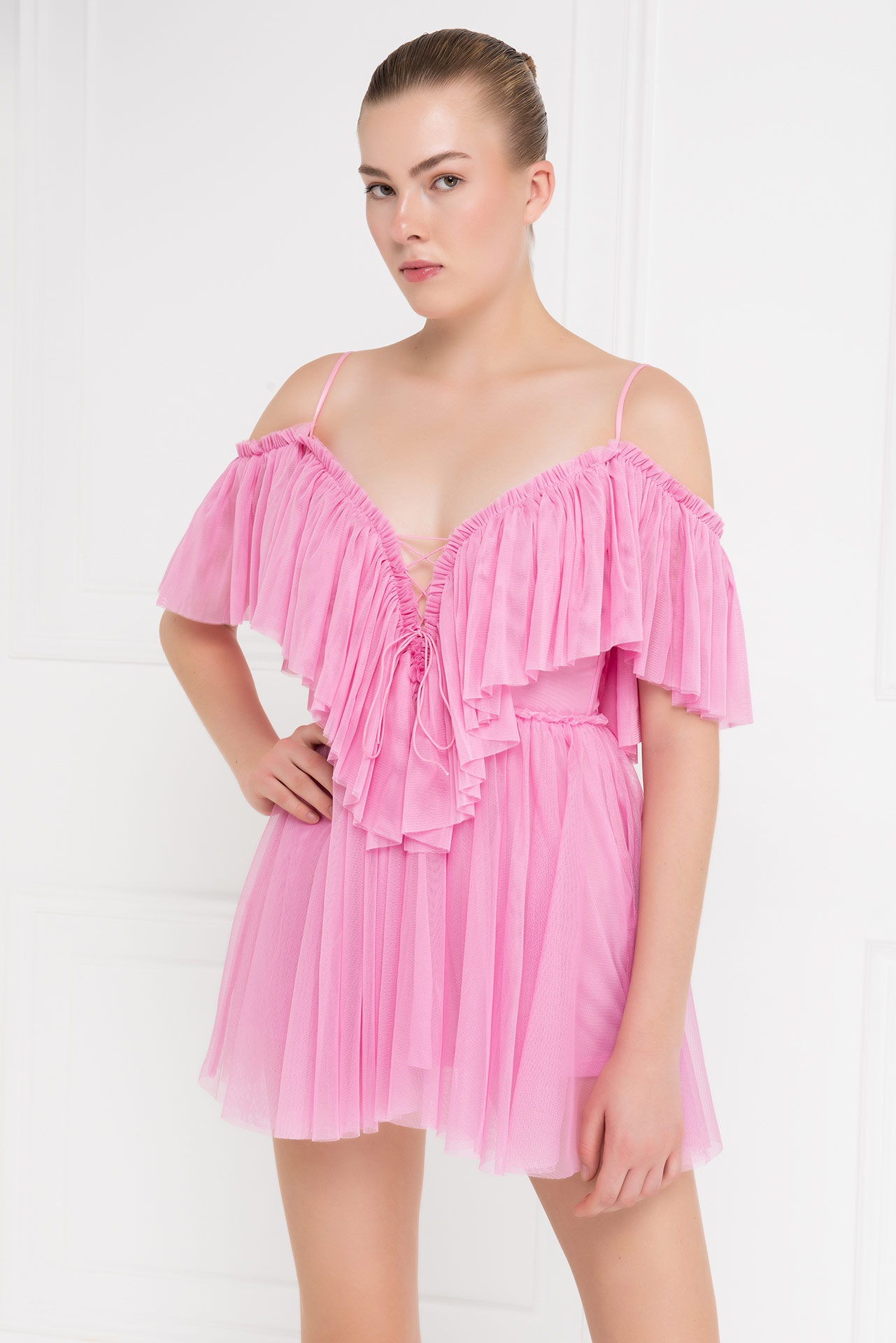 New Pink Off-the-Shoulder Cami Tulle Dress