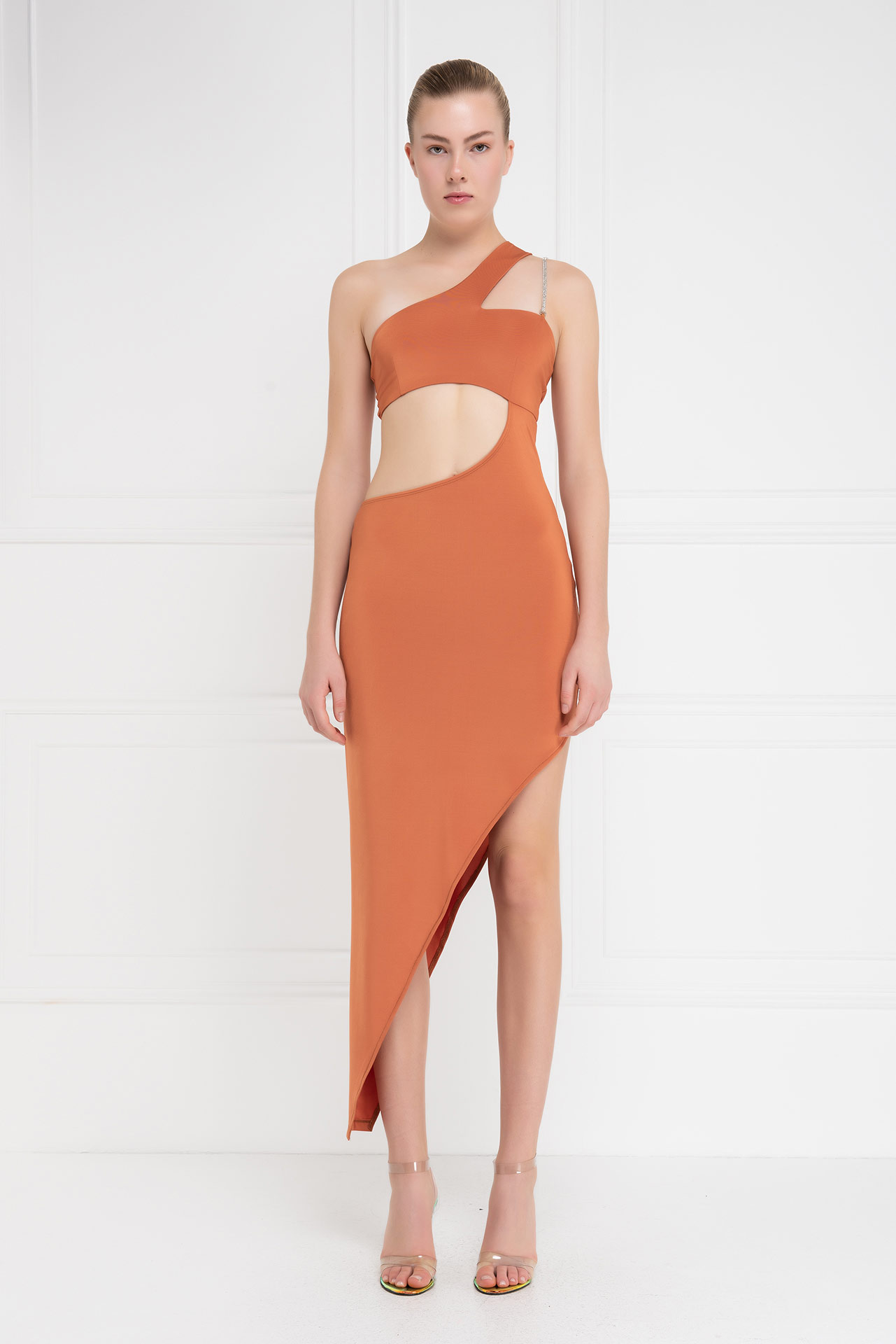 Ochre One-Shoulder Asymmetric Dress