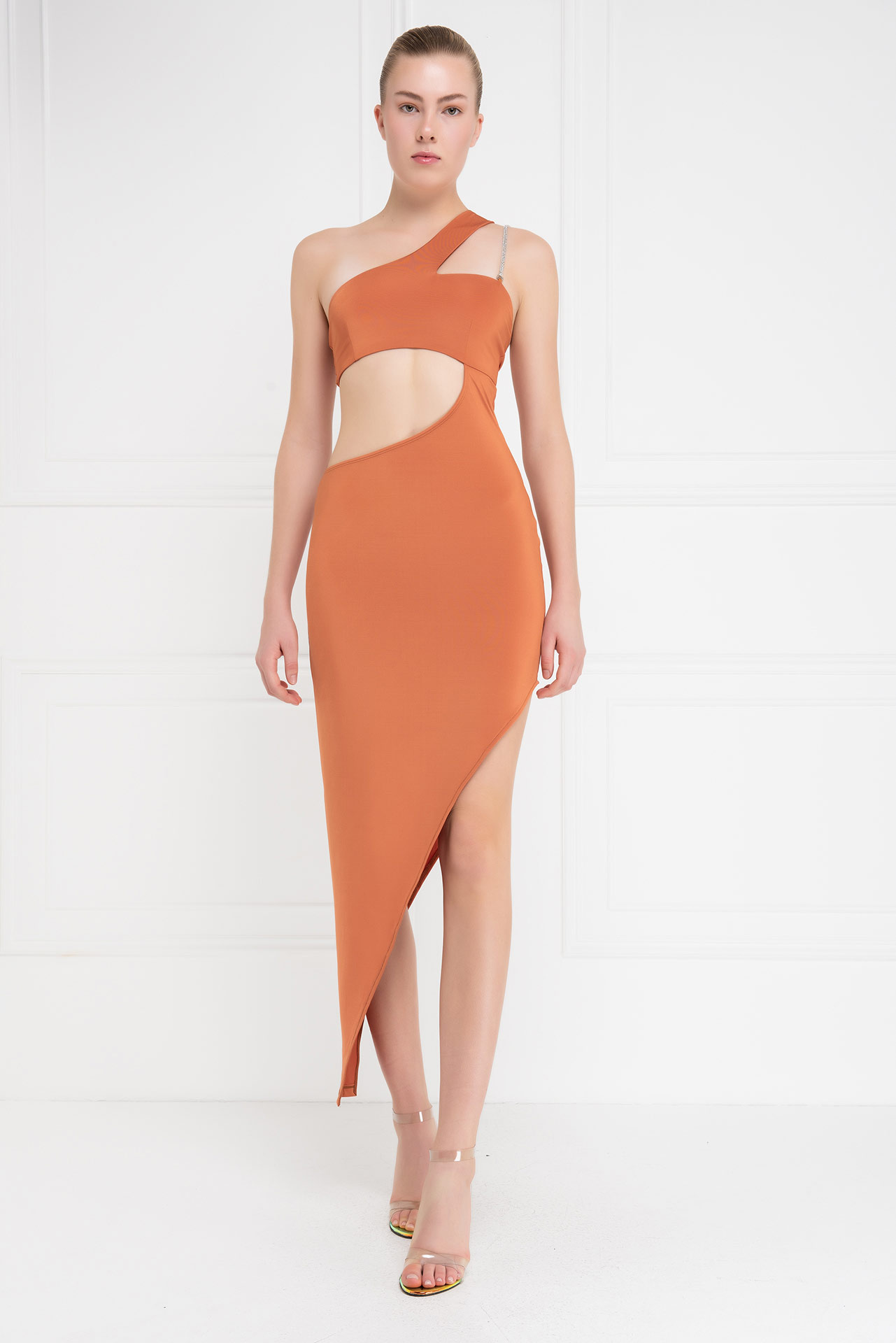 Ochre One-Shoulder Asymmetric Dress