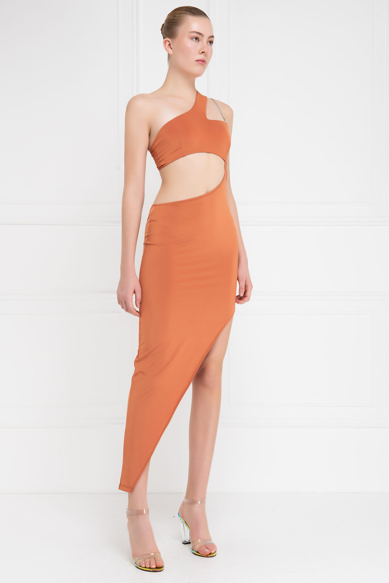 Ochre One-Shoulder Asymmetric Dress