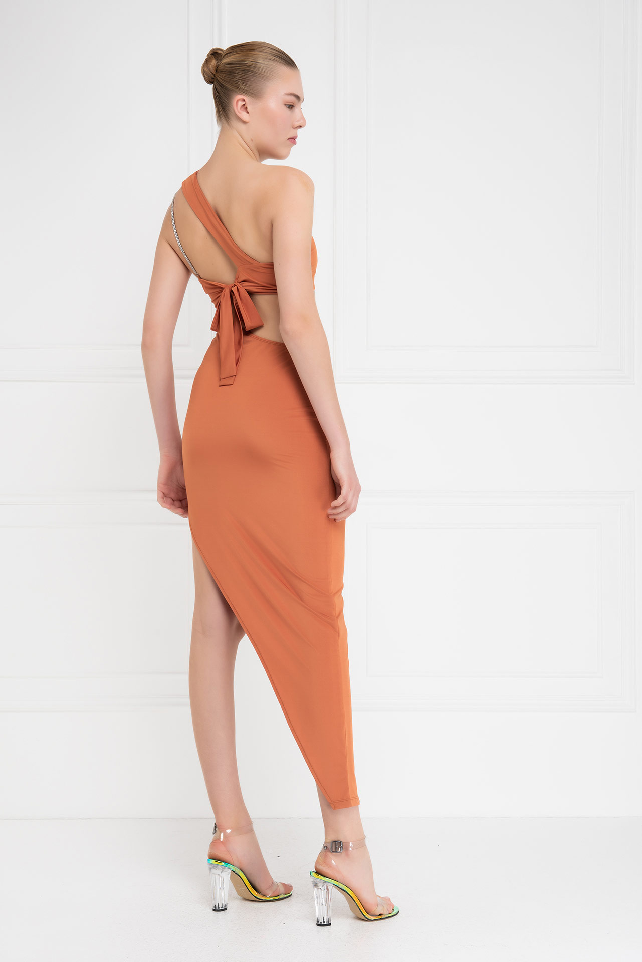 Ochre One-Shoulder Asymmetric Dress