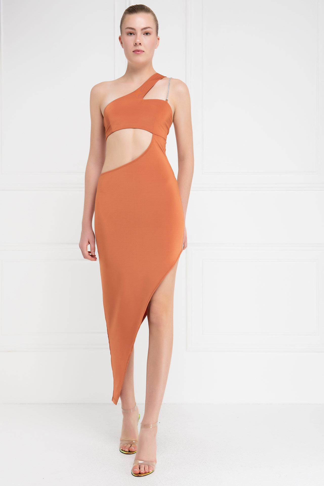 Ochre One-Shoulder Asymmetric Dress