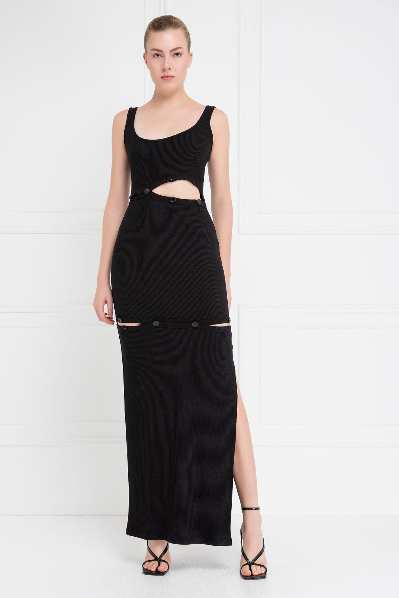 Black Button-Accent Maxi Dress