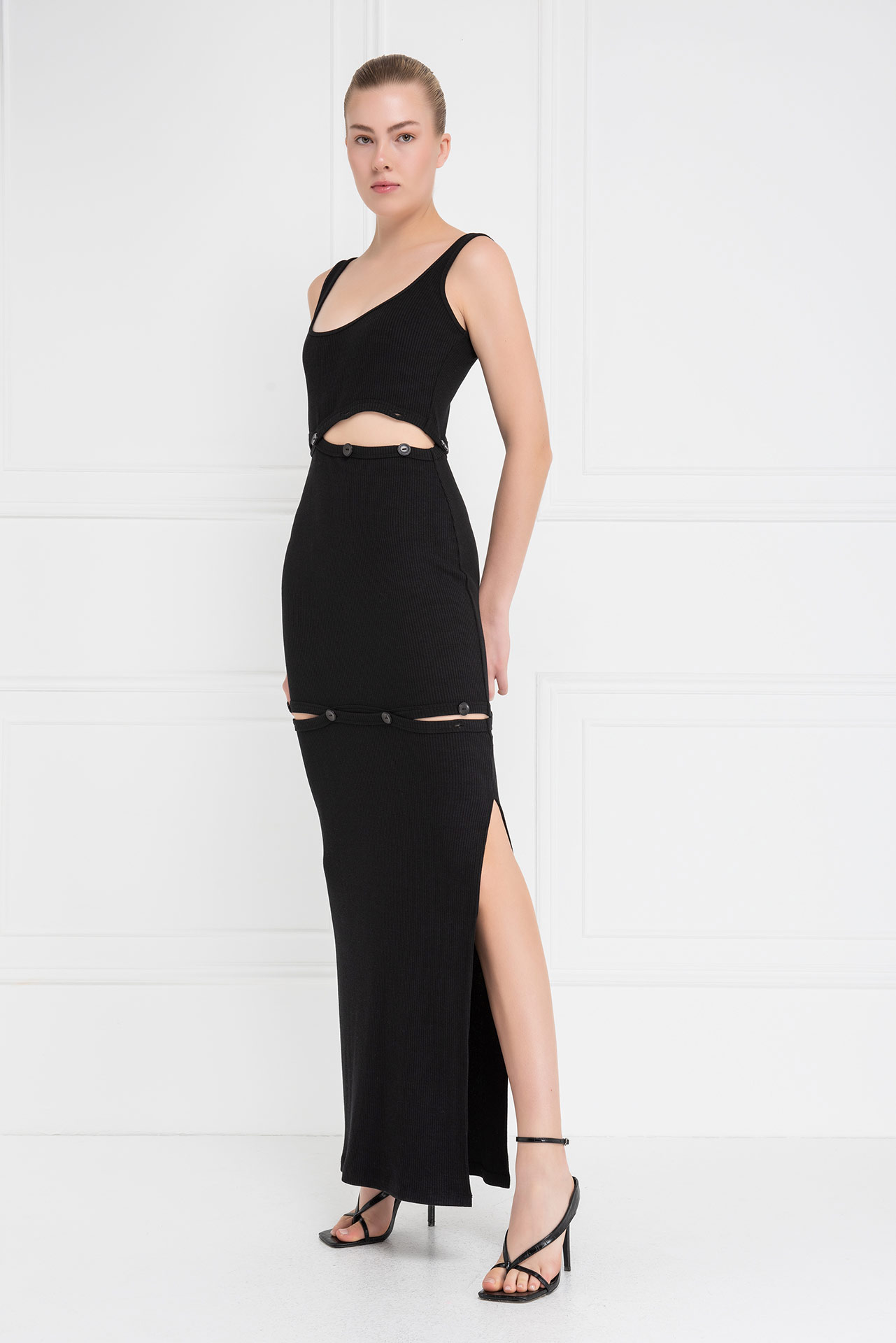 Black Button-Accent Maxi Dress