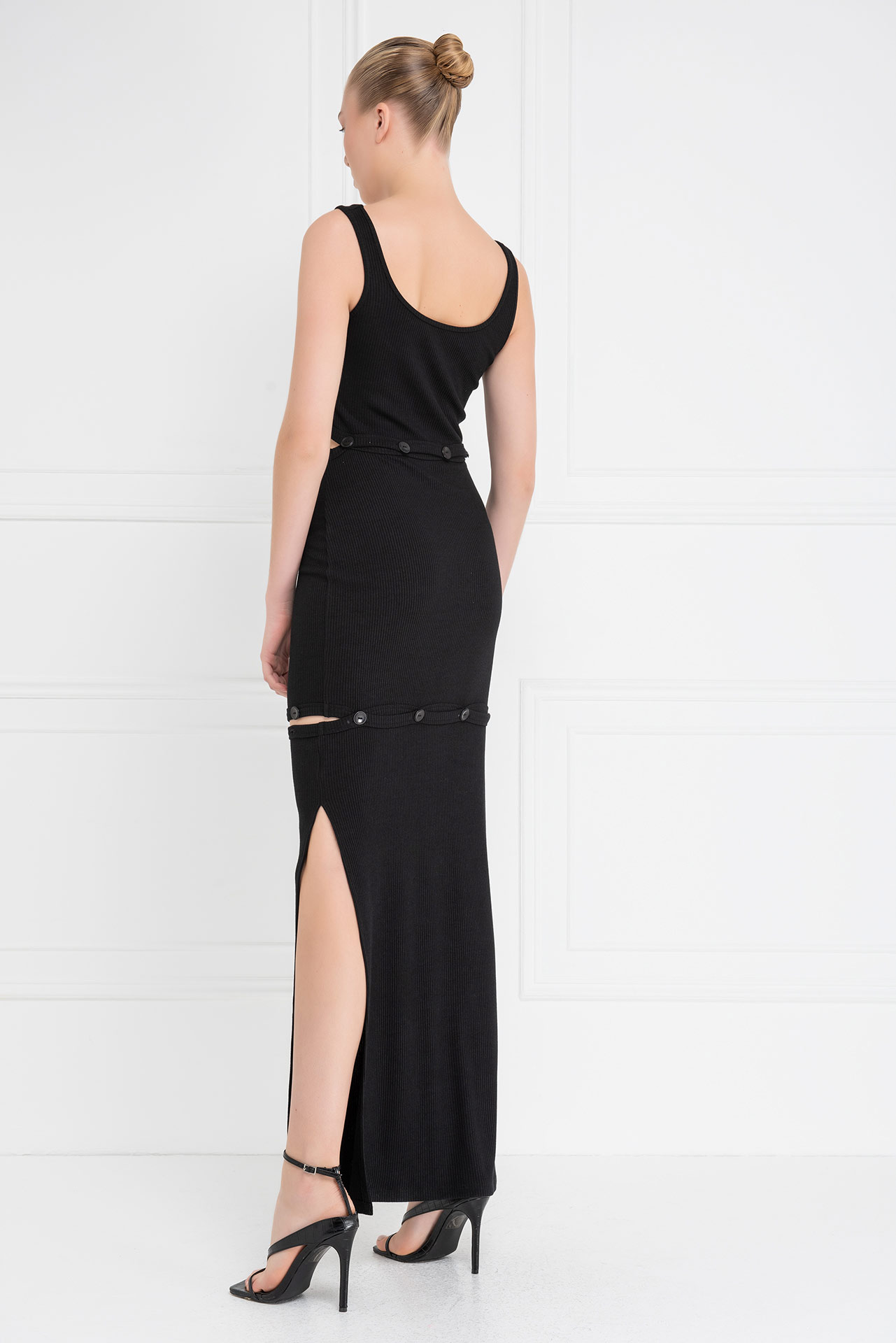 Black Button-Accent Maxi Dress