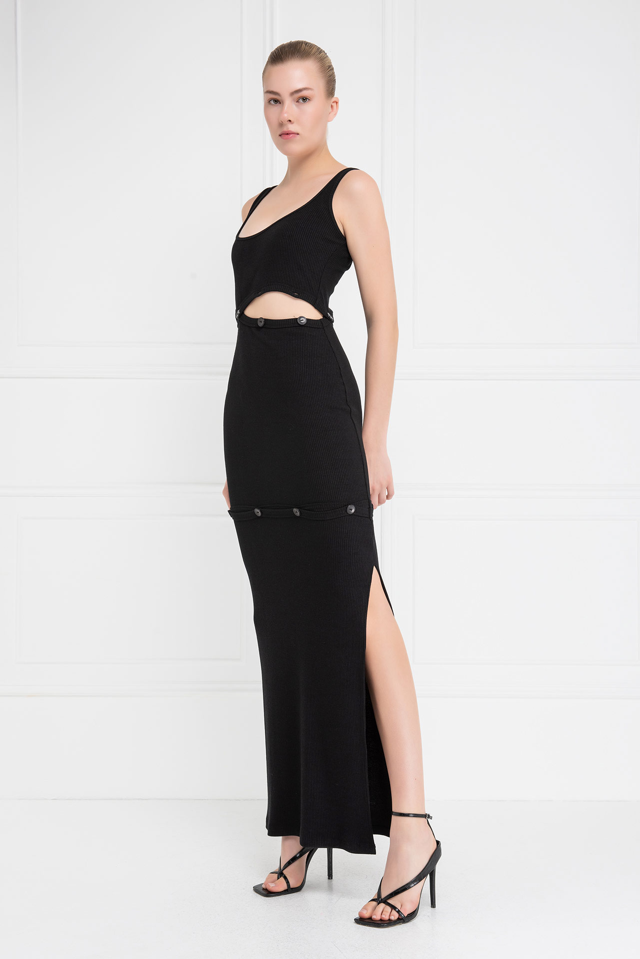 Black Button-Accent Maxi Dress