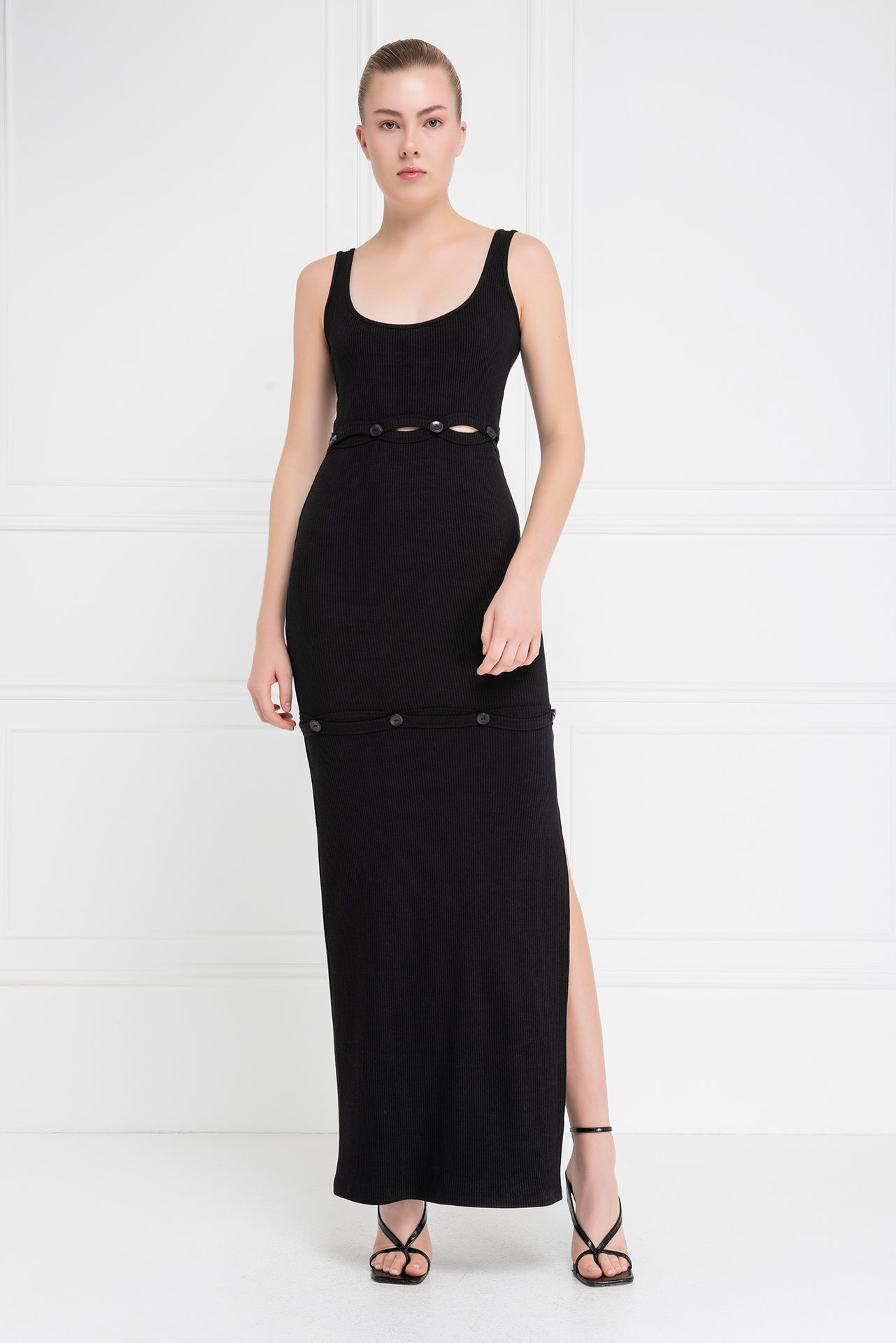 Black Button-Accent Maxi Dress