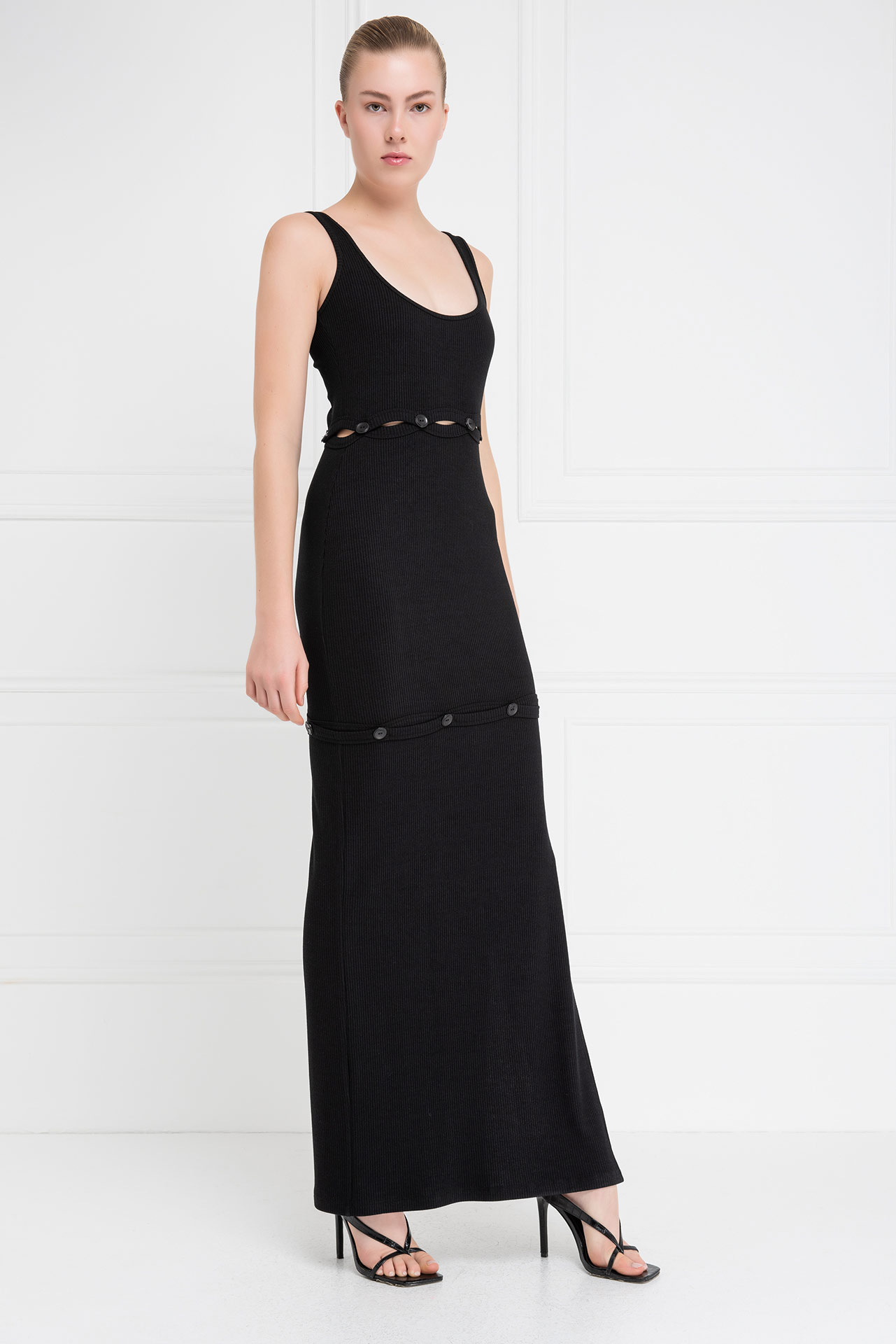 Black Button-Accent Maxi Dress