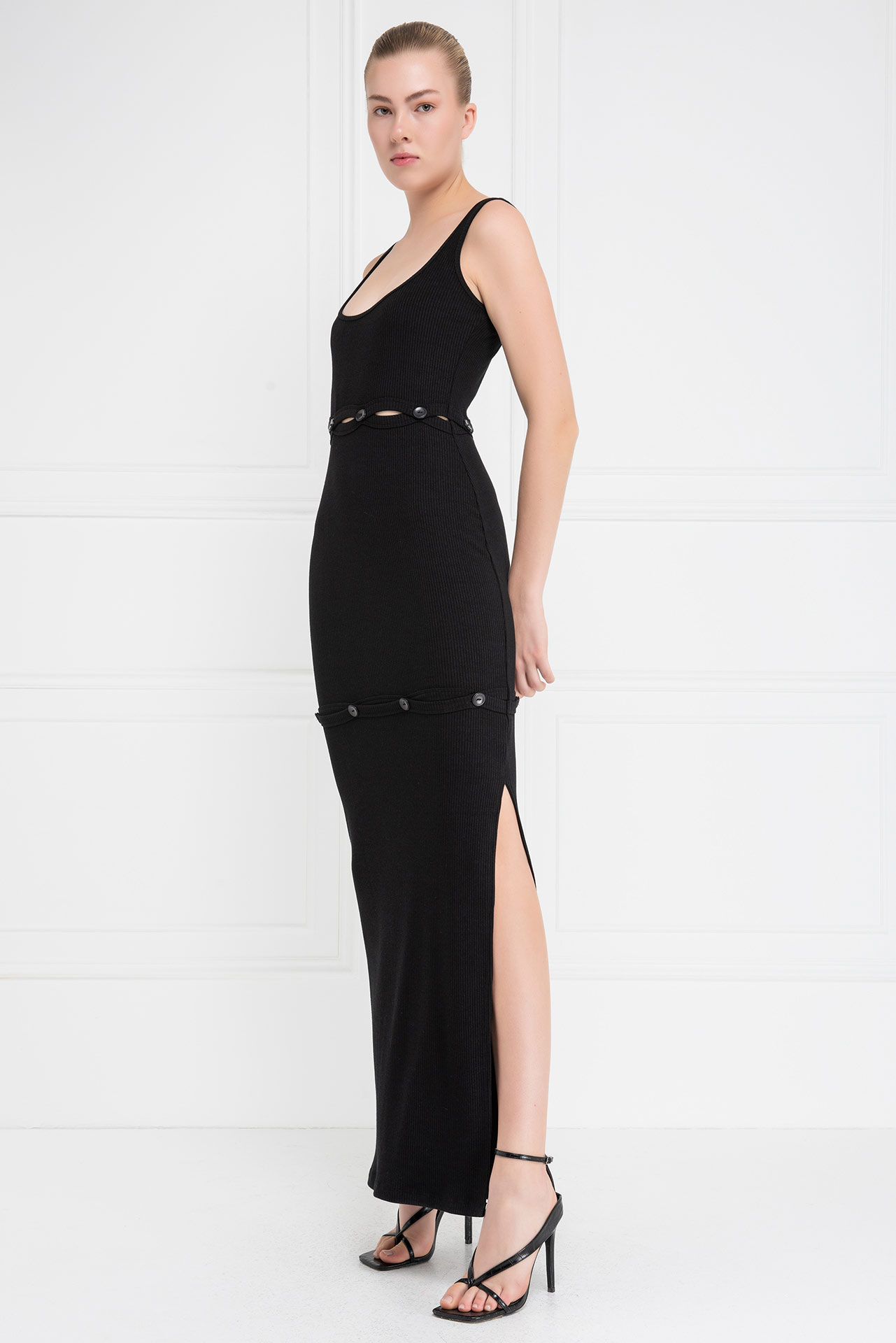 Black Button-Accent Maxi Dress