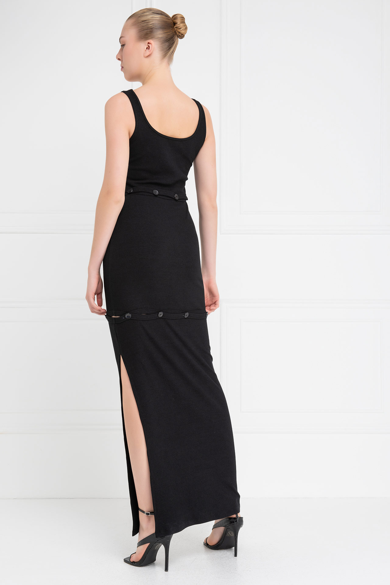 Black Button-Accent Maxi Dress