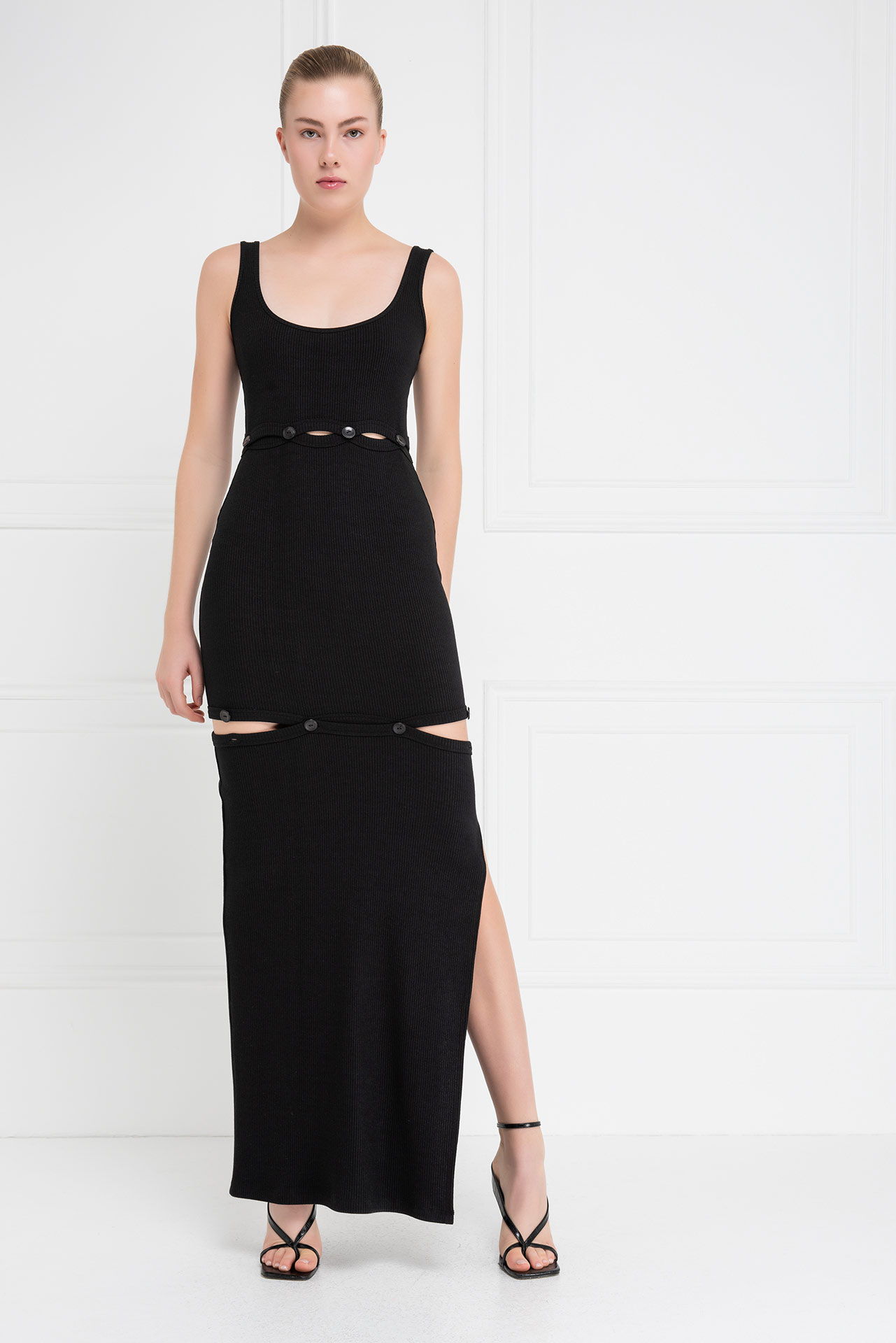 Black Button-Accent Maxi Dress