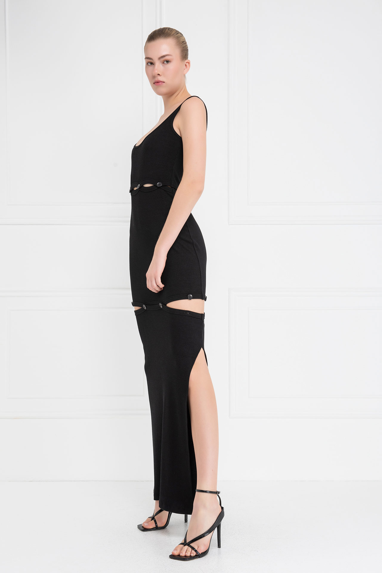 Black Button-Accent Maxi Dress