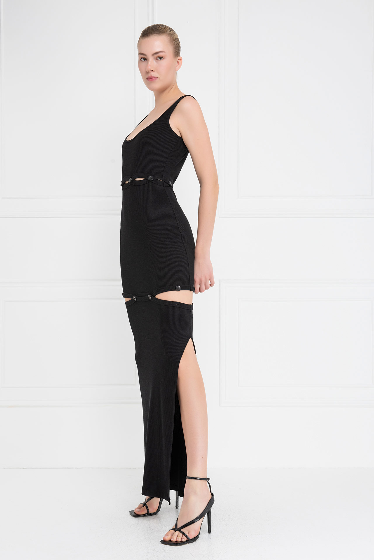 Black Button-Accent Maxi Dress