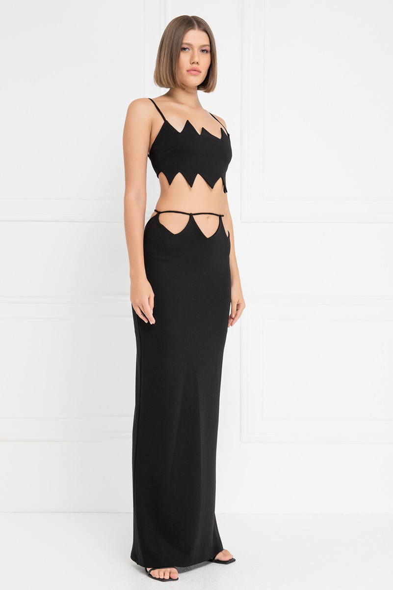 Wholesale Black Zigzag Cut Out Crop Cami & Maxi Skirt Set