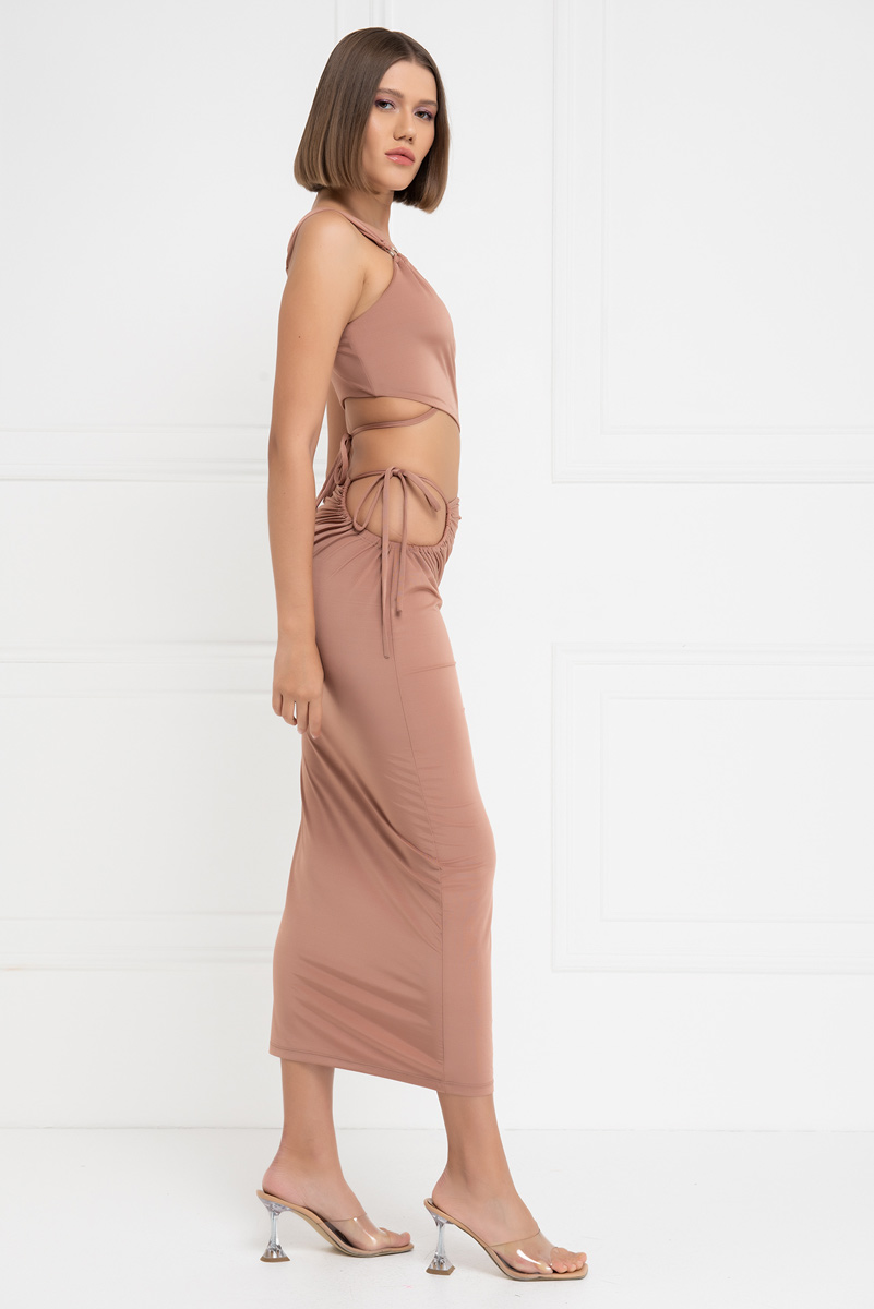 Wholesale Caramel One-Shoulder Crop Top & Skirt Set