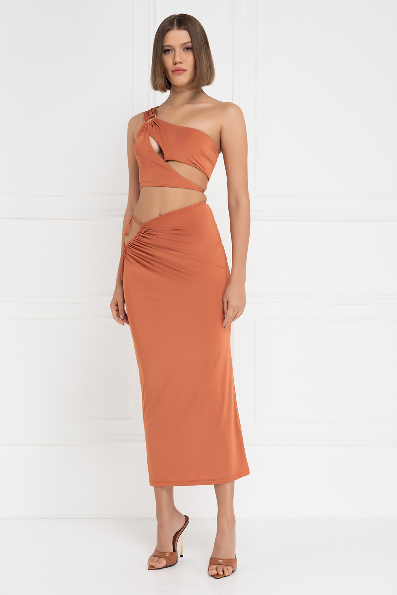 Wholesale Ochre One-Shoulder Crop Top & Skirt Set