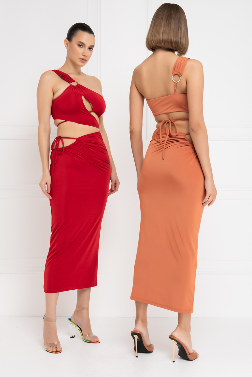 Ochre One-Shoulder Crop Top & Skirt Set