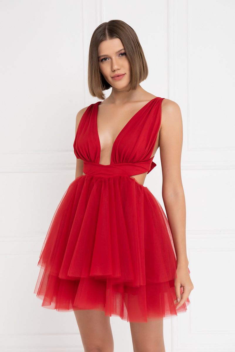 Kırmızı Sırt Detaylı Mini Tütü Elbise