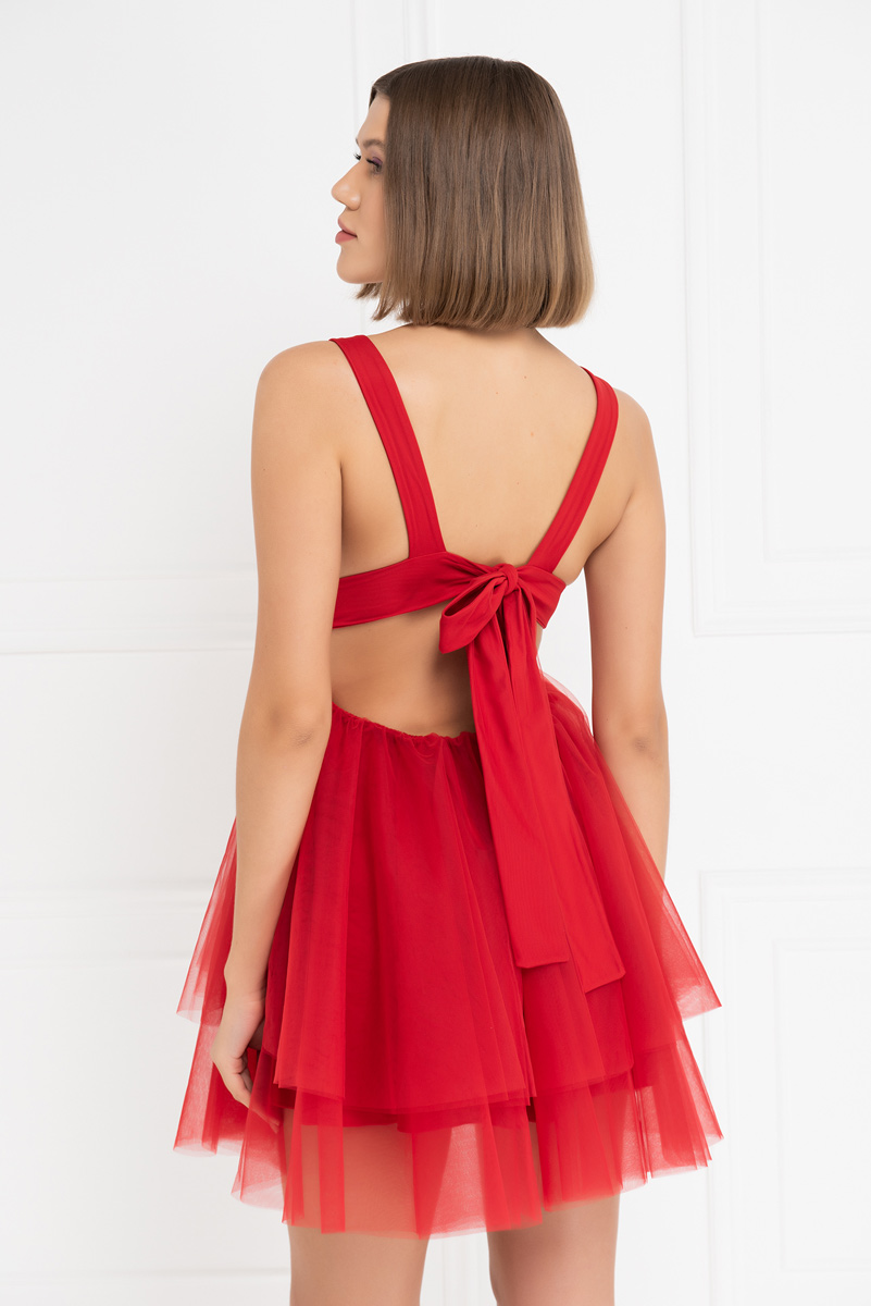 Kırmızı Sırt Detaylı Mini Tütü Elbise