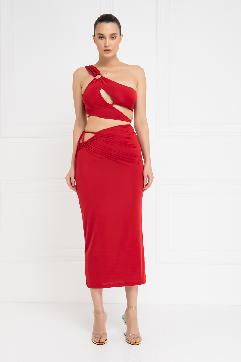 Red One-Shoulder Crop Top & Skirt Set