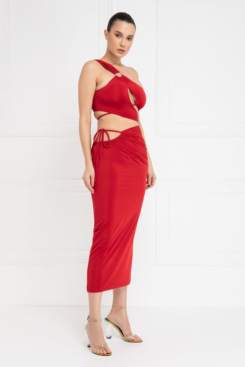 красный One-Shoulder Crop Top & Skirt Set