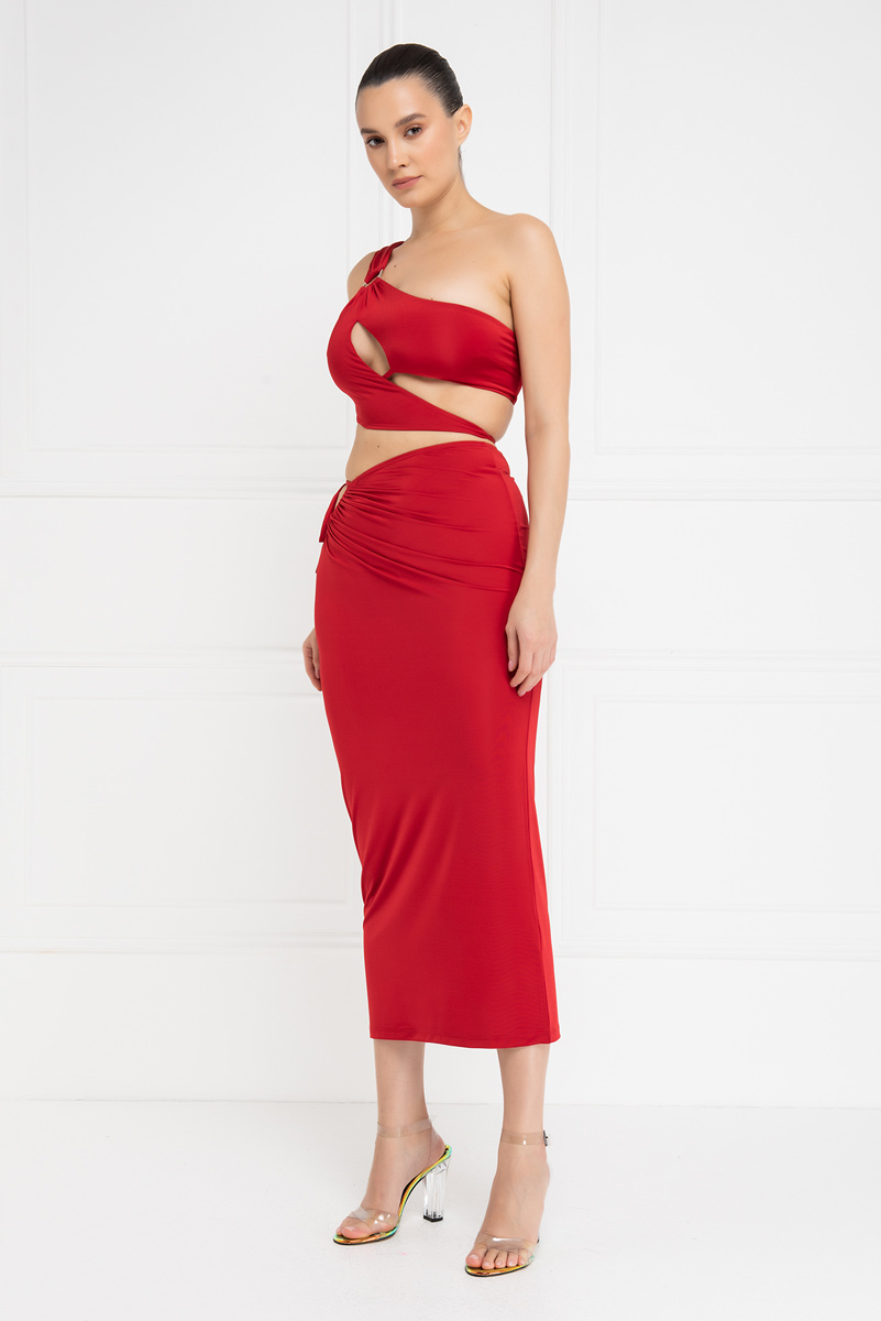 красный One-Shoulder Crop Top & Skirt Set