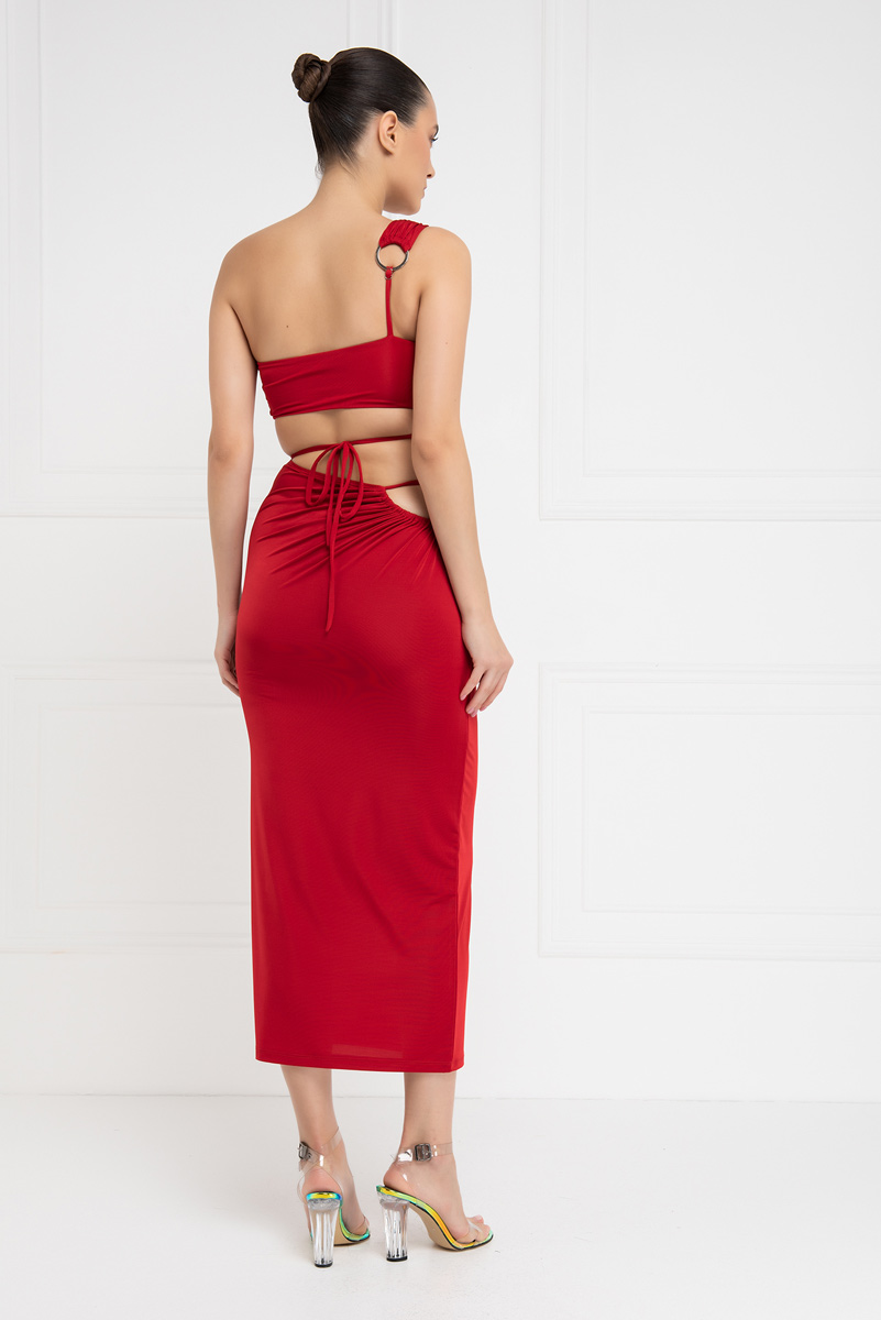 оптовая красный One-Shoulder Crop Top & Skirt Set