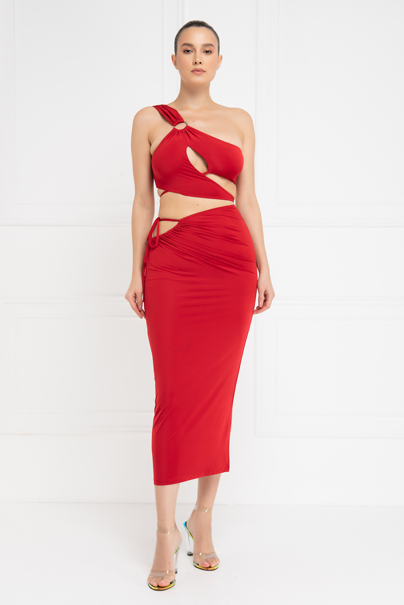оптовая красный One-Shoulder Crop Top & Skirt Set