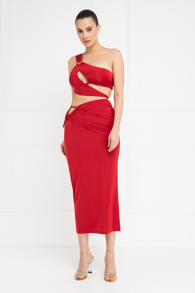 Wholesale Red One-Shoulder Crop Top & Skirt Set