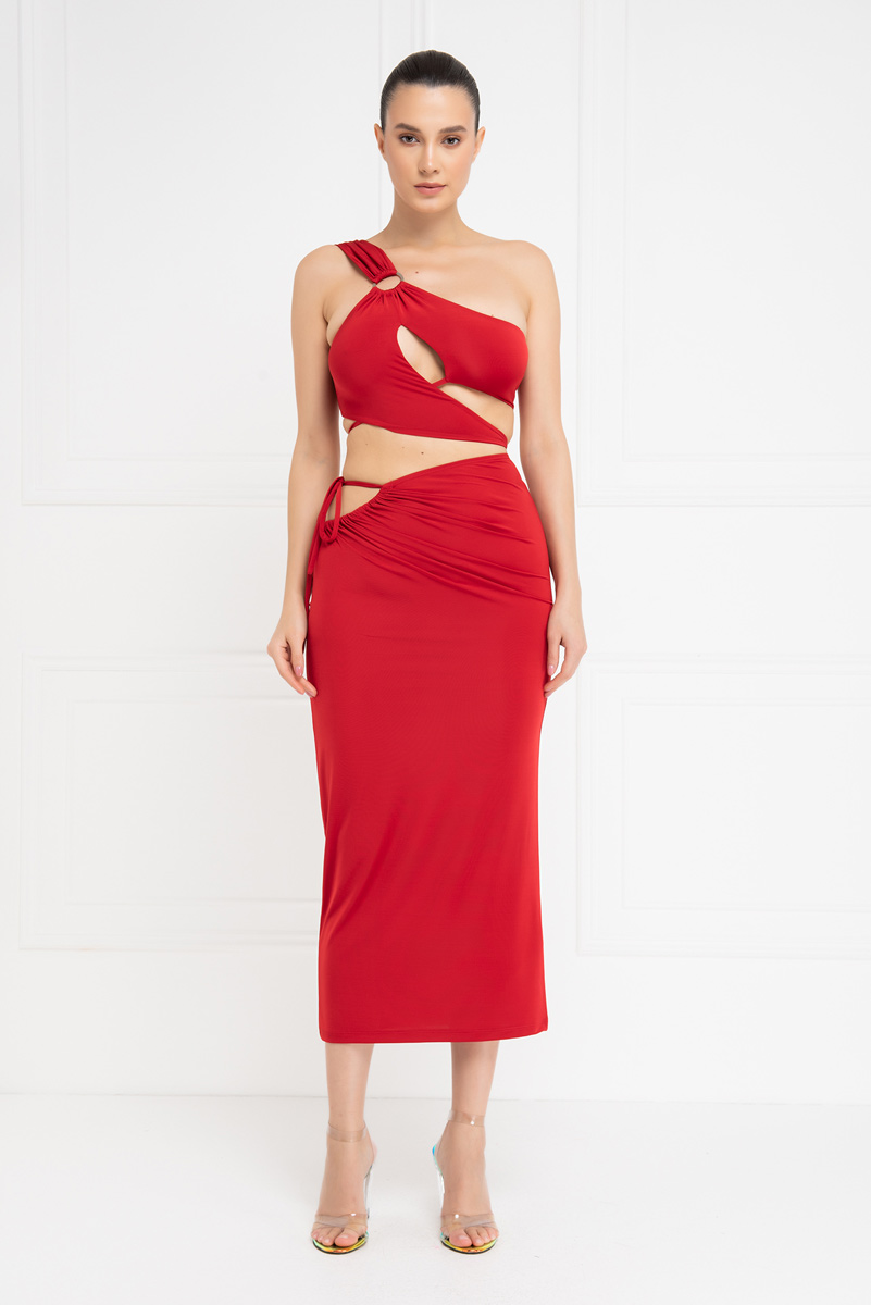 Red One-Shoulder Crop Top & Skirt Set