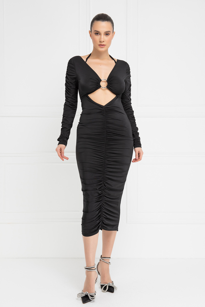Wholesale Black Shirred Cut Out Midi Dress