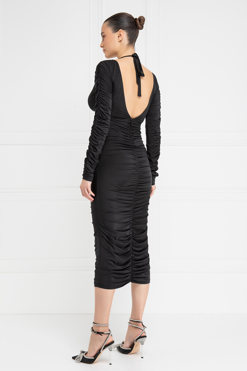 Black Shirred Cut Out Midi Dress