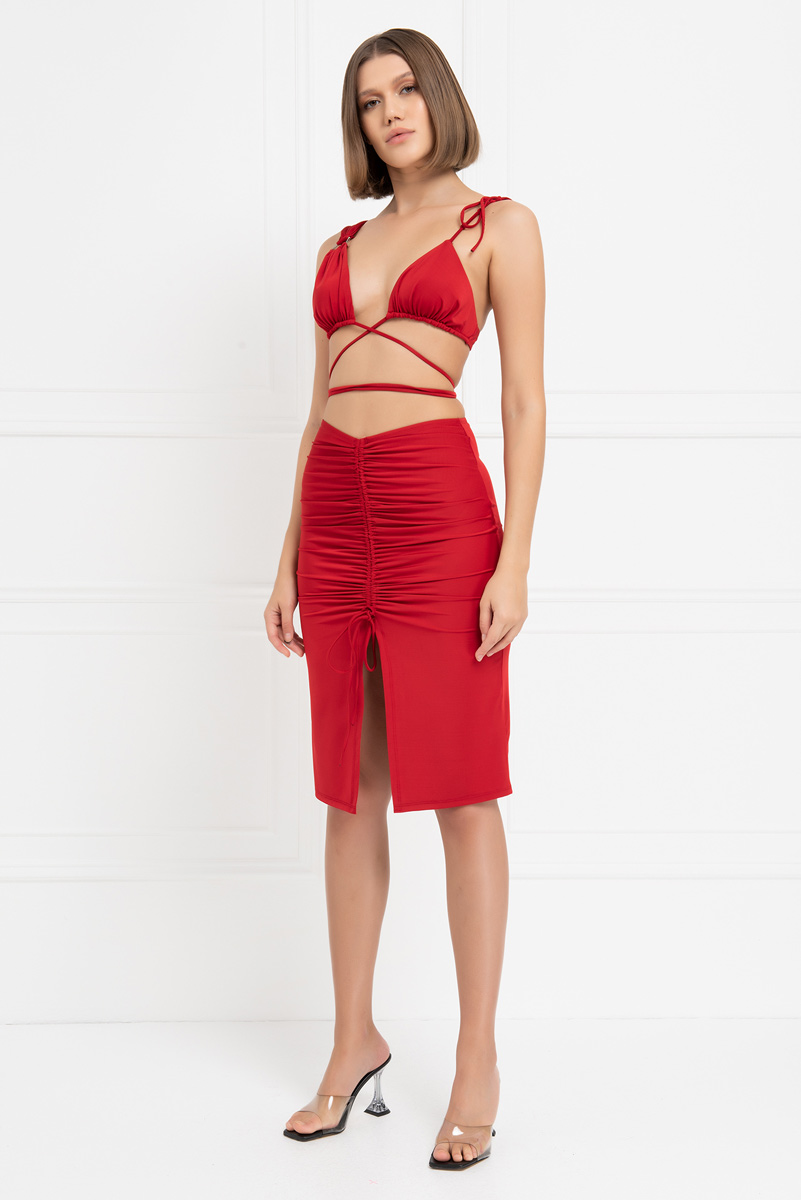 Red Strappy Crop Cami & Midi Skirt Set