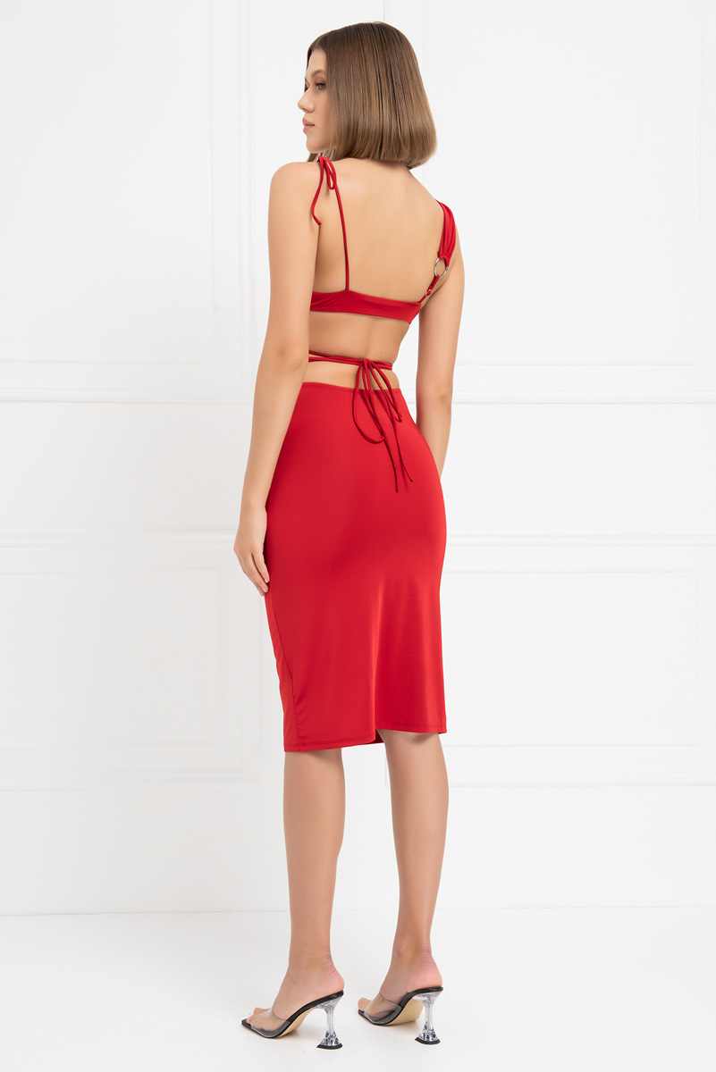 Wholesale Red Strappy Crop Cami & Midi Skirt Set