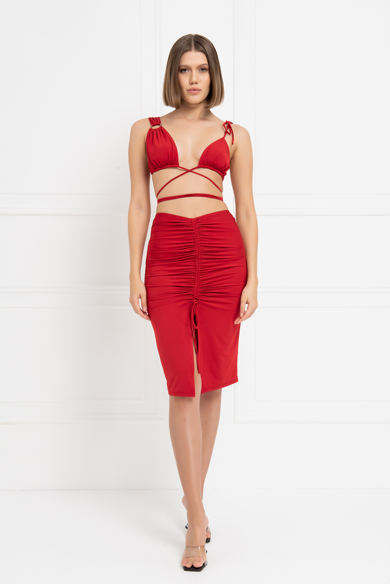 Red Strappy Crop Cami & Midi Skirt Set