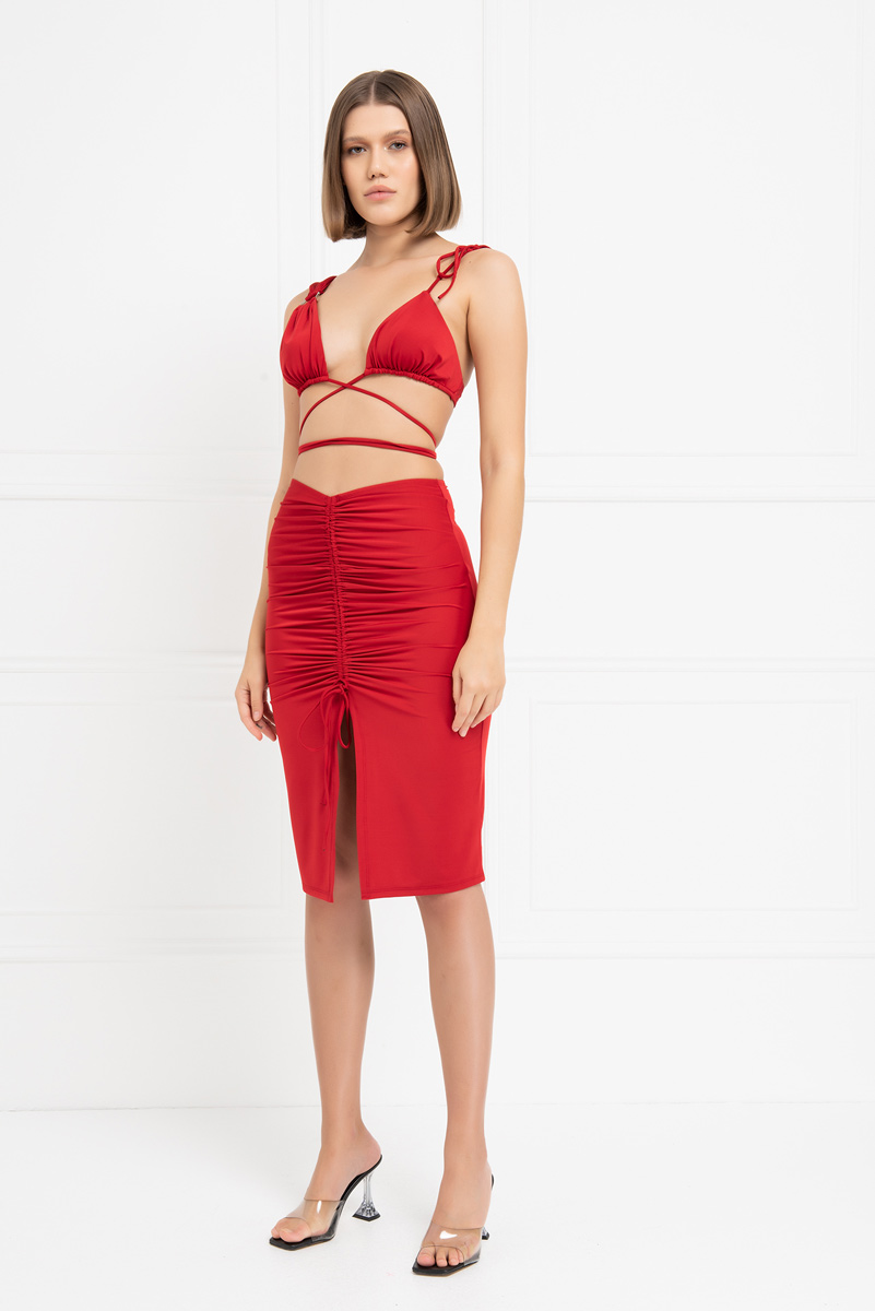Wholesale Red Strappy Crop Cami & Midi Skirt Set