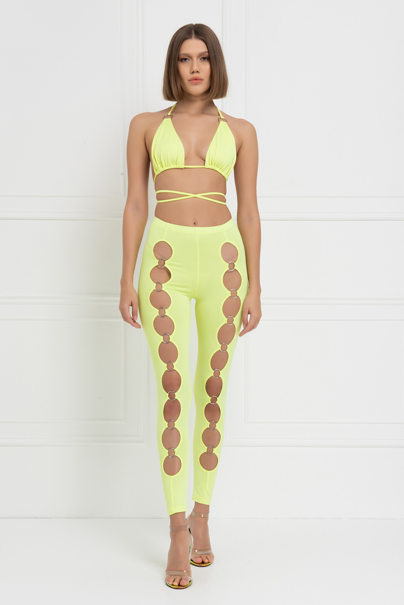 Neon Yellow Strappy Triangle Top & Leggings Set