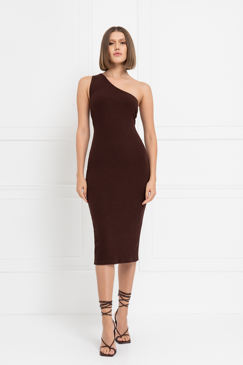 Wholesale Dark Brown Tie-Back One-Shoulder Dress