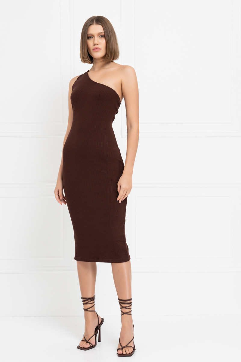 Wholesale Dark Brown Tie-Back One-Shoulder Dress