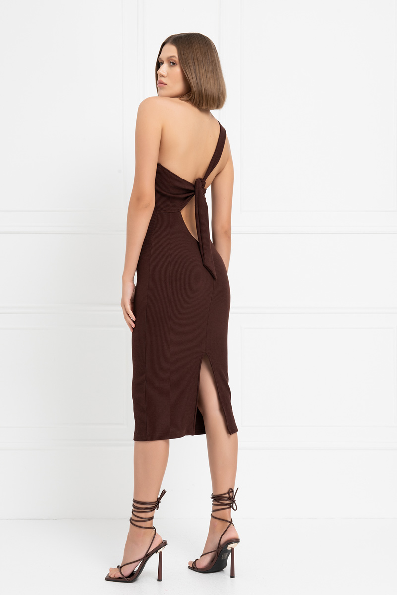 Dark Brown Tie-Back One-Shoulder Dress