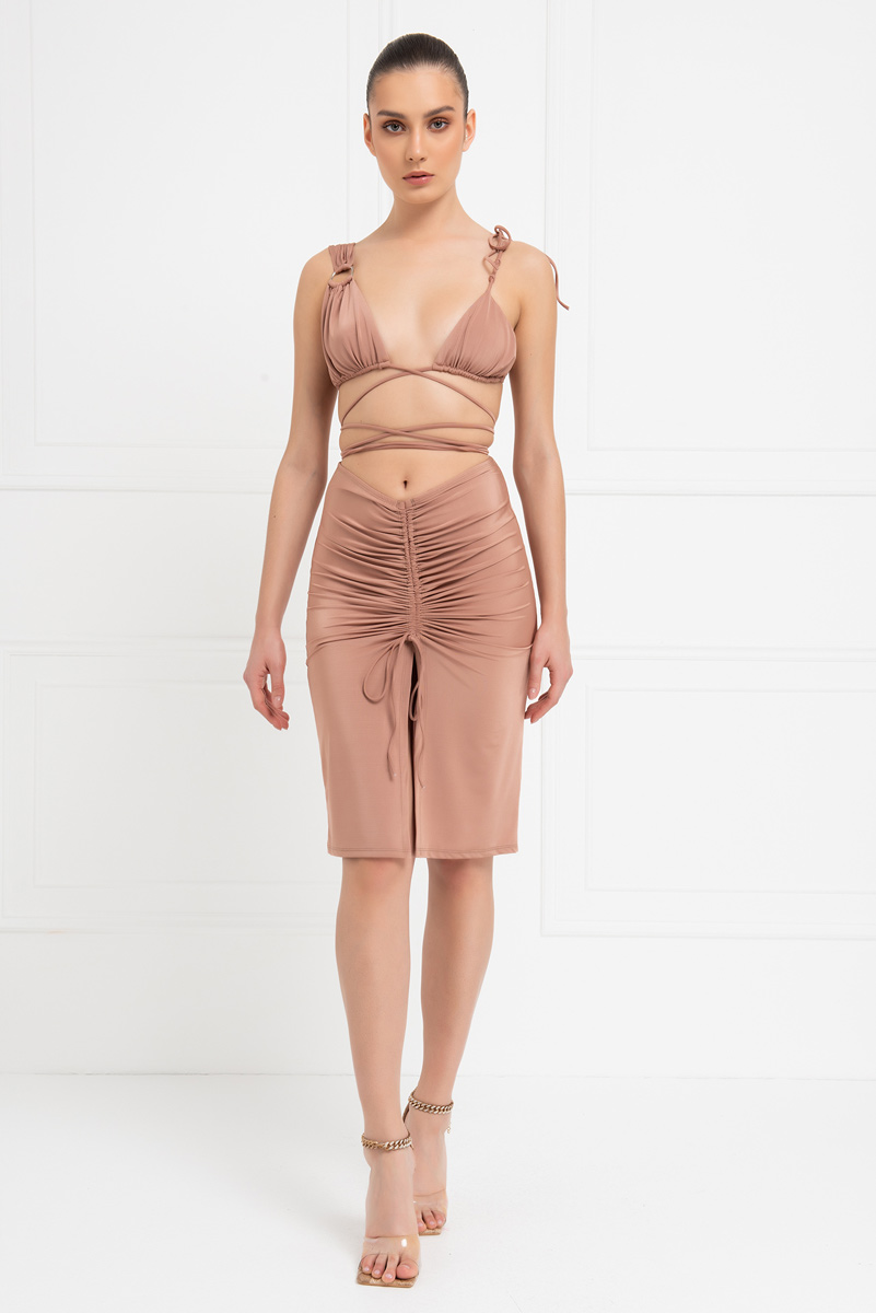 Wholesale Caramel Strappy Crop Cami & Midi Skirt Set
