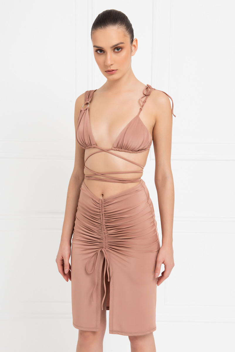 Wholesale Caramel Strappy Crop Cami & Midi Skirt Set