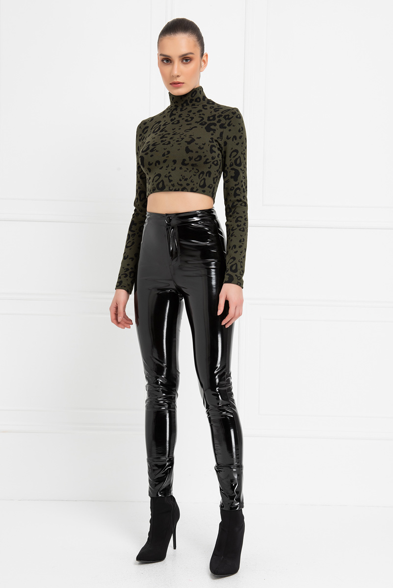 Khaki & Black Leopard Printed Mock Neck Crop Top