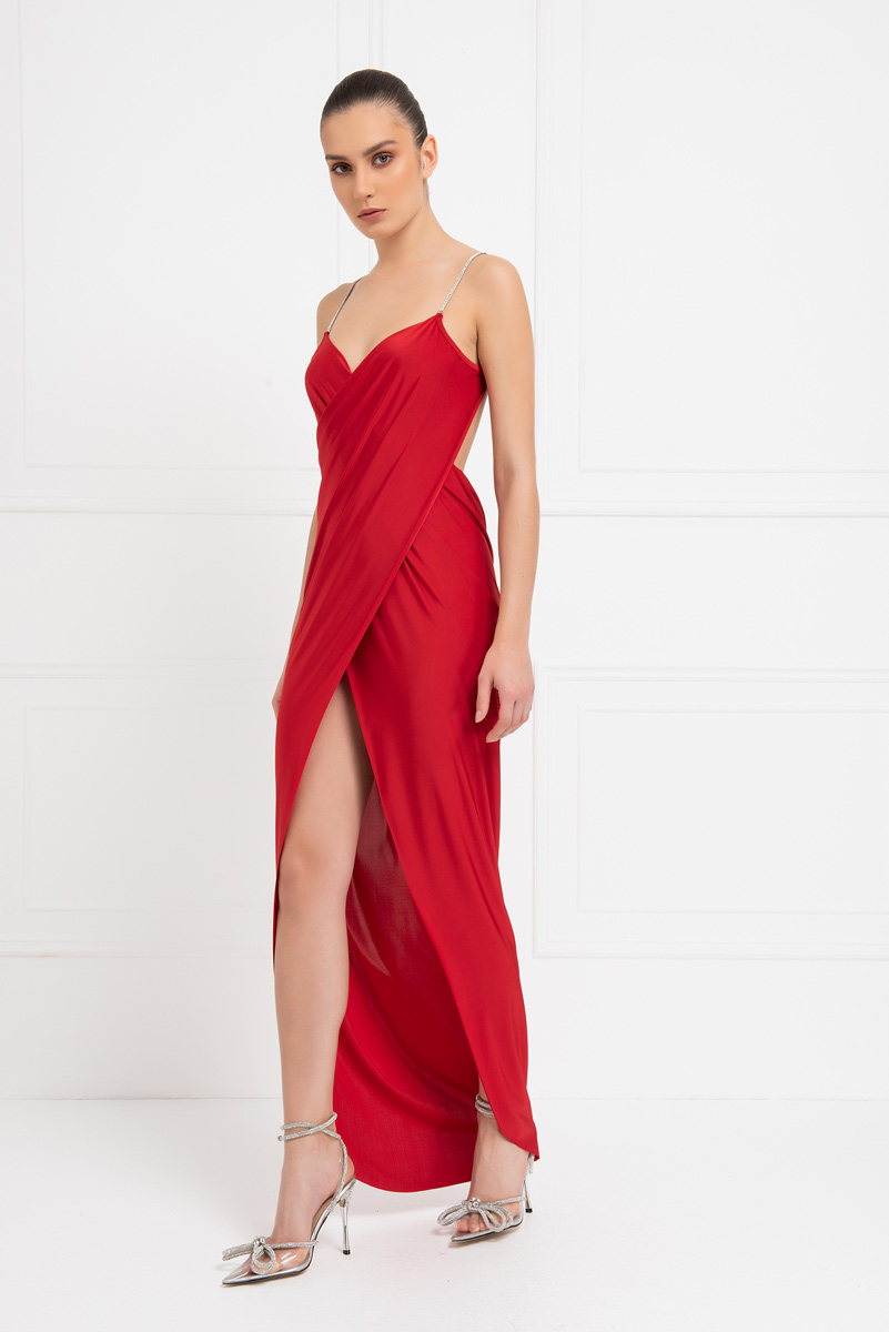 Red Backless Wrap Maxi Dress