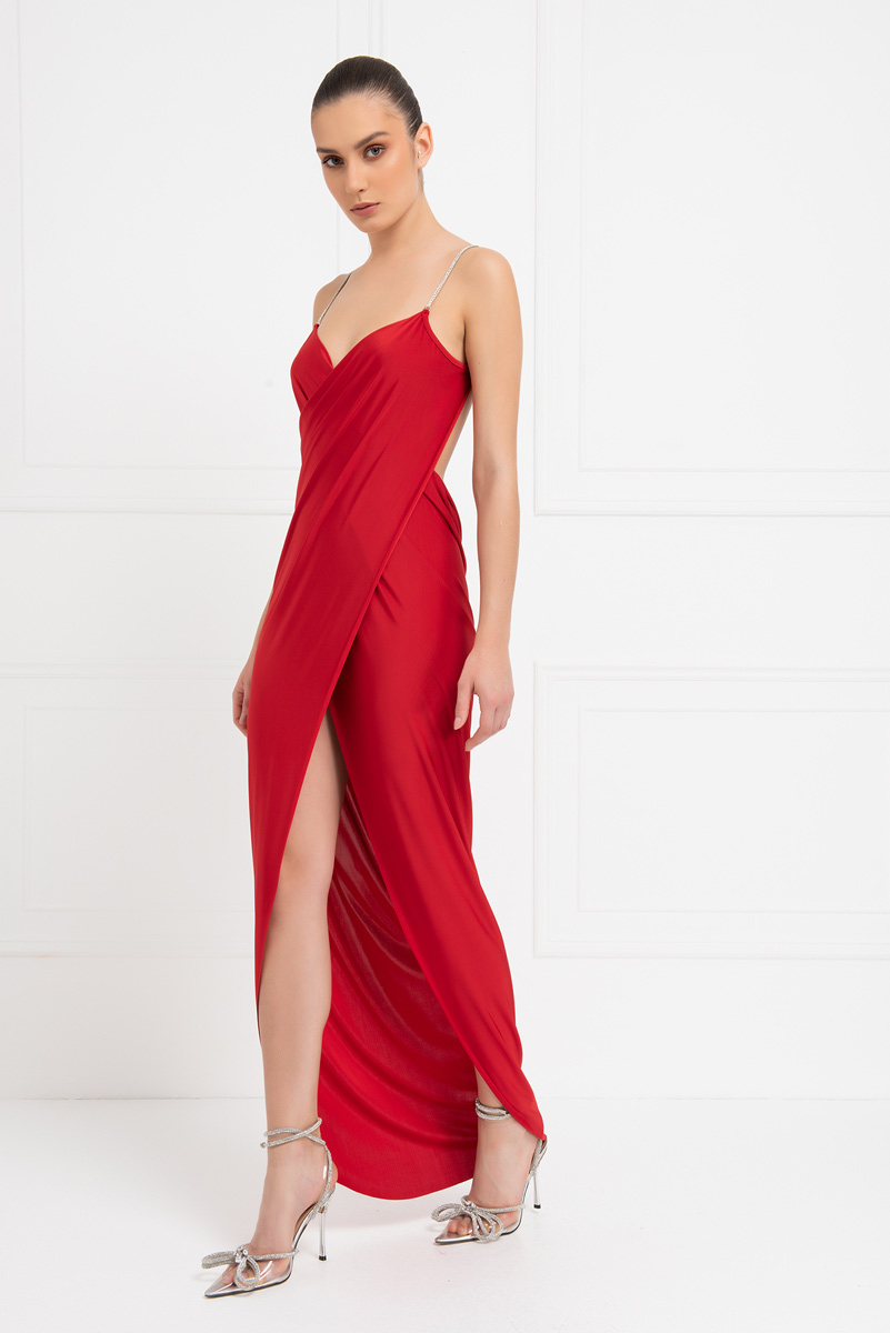 красный Backless Wrap Maxi Dress