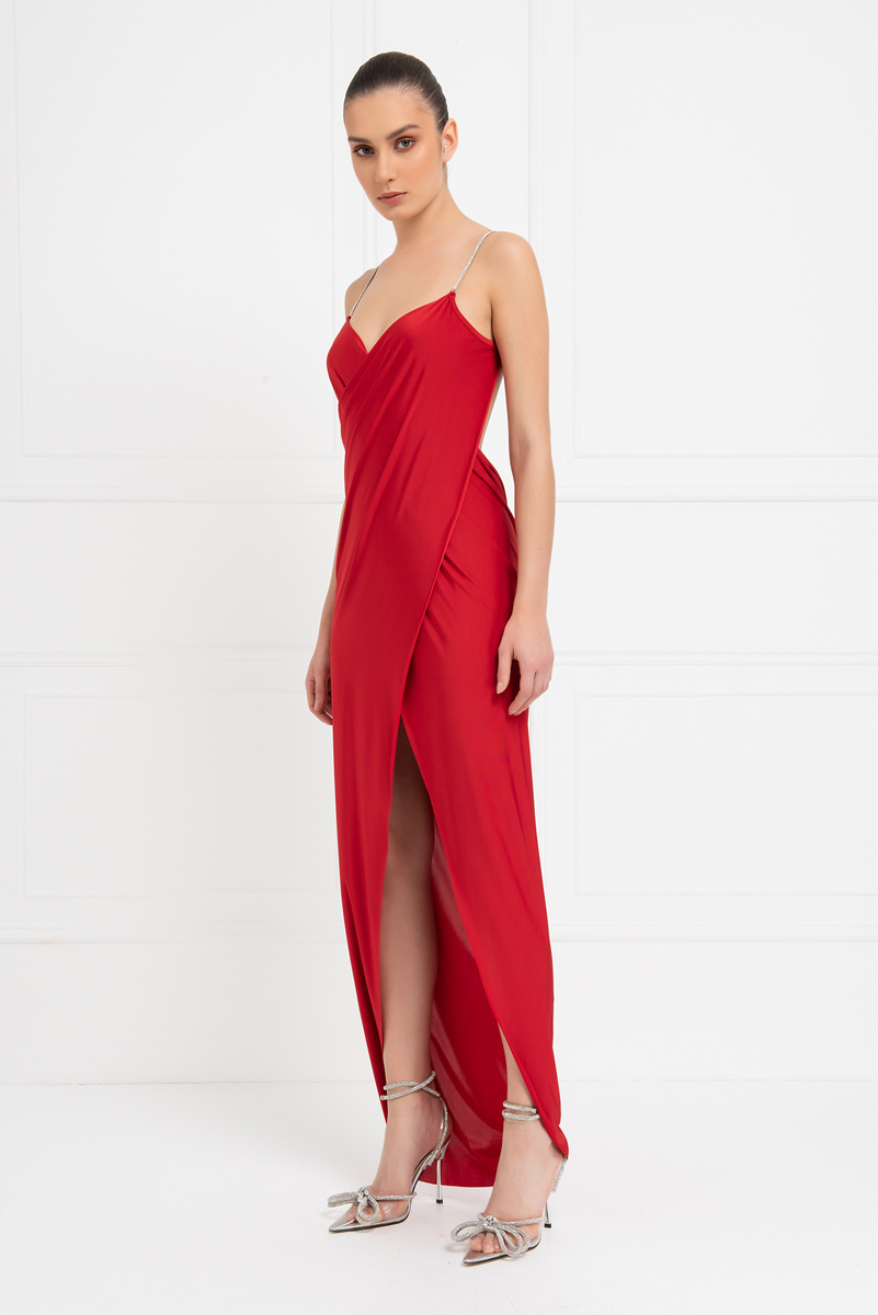 Red Backless Wrap Maxi Dress