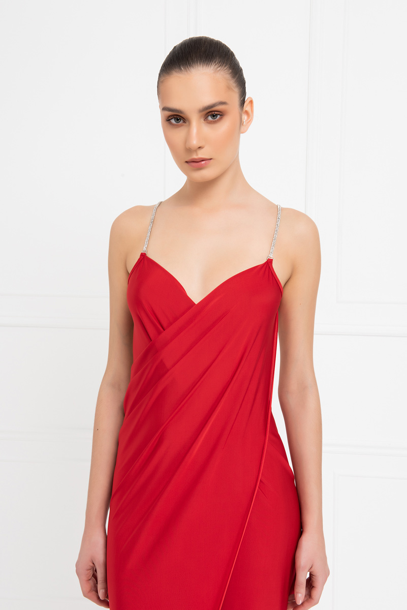Toptan Kırmızı Sırt Dekolteli Anvelop Elbise