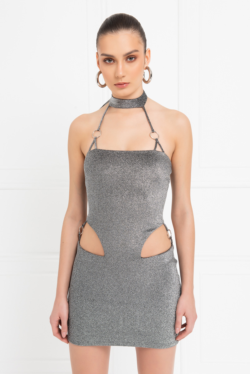 Wholesale Silver Strappy-Neck Cut Out Mini Dress