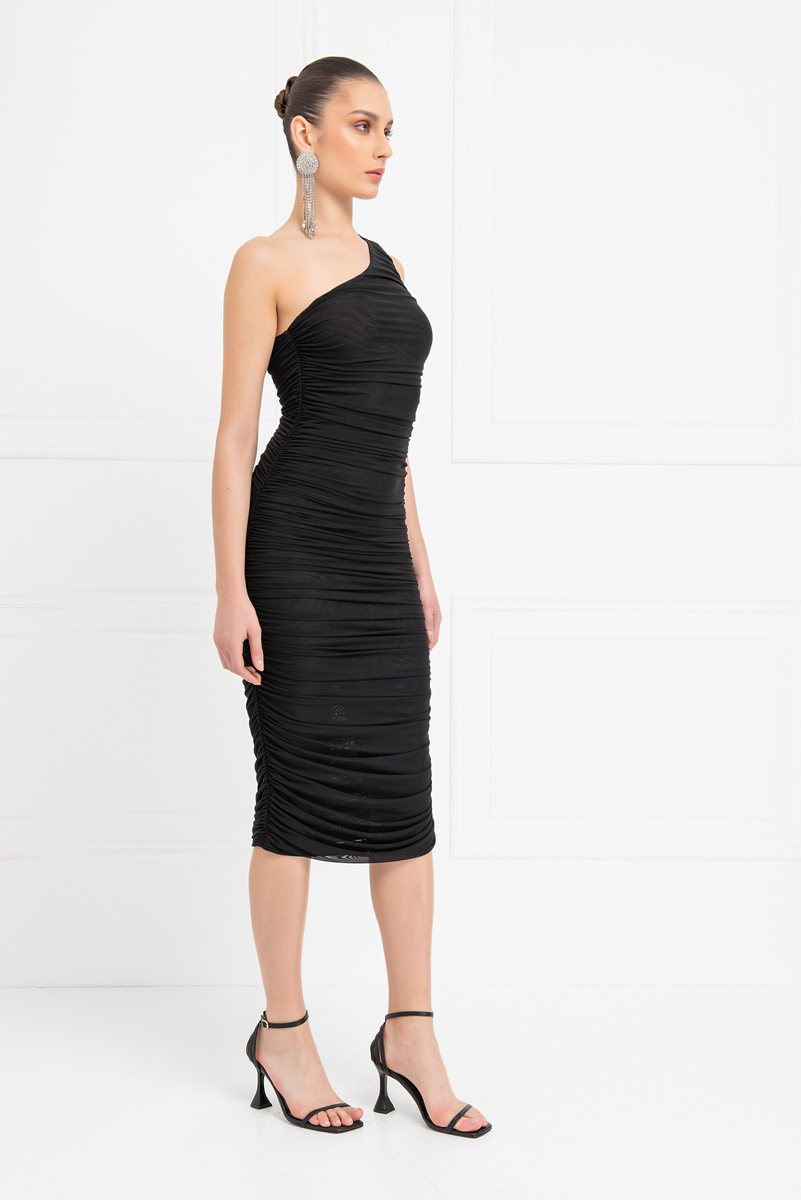 Black Shirred One-Shoulder Mesh Dress